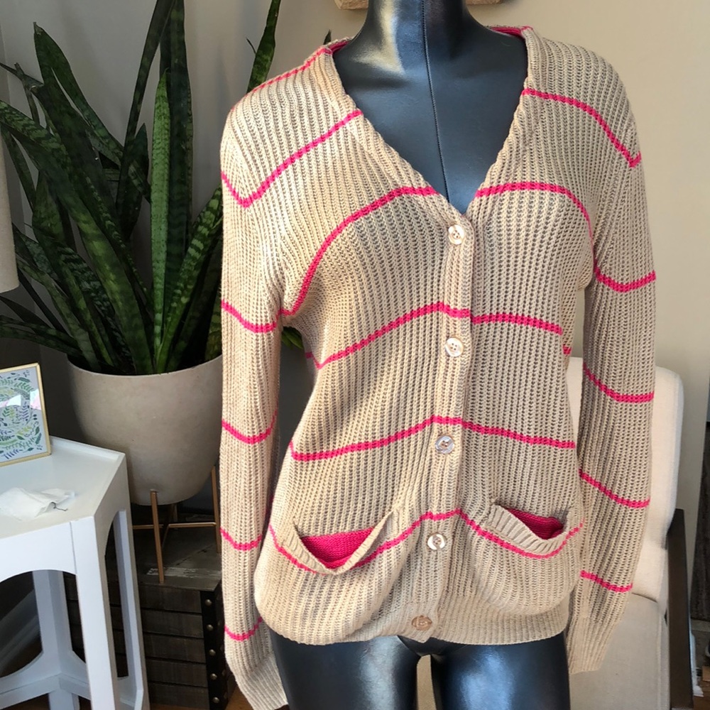 A+Ro tan and pink striped knit sweater.
